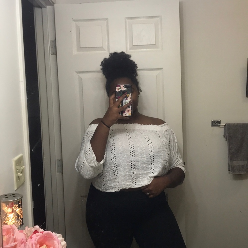 white lace off-the-shoulder top, $13